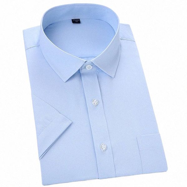 Verano de los hombres más el tamaño de manga corta Dr Shirt Single Patch Pocket Standard-Fit Busin Formal Sólido / Sarga / Camisas casuales lisas P2AY #