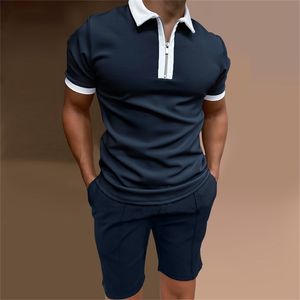 Zomer herensets poloshirt shorts pak heren korte mouwen shorts polo revers streep pure kleur shirt trainingspak golfkleding 220601