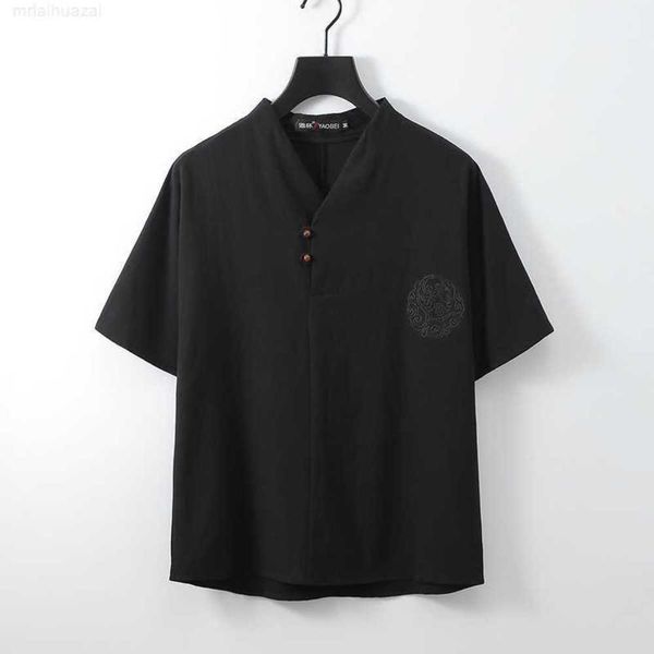 T-shirt à manches courtes pour hommes d'été avec boucle en spirale de style chinois tendance ethnique coton lin demi-col en V haut