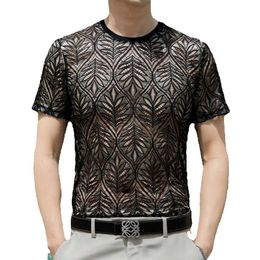 T-Shirt d'été à manches courtes pour hommes, avec Base creuse en soie glacée au Crochet, col rond, haut coréen en maille Semi-transparent, tenue tendance