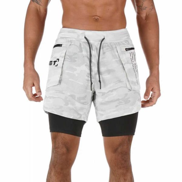 Pantalones cortos de verano para hombre 2 en 1 Pantalones cortos para correr Bolsillos de seguridad Secado rápido Deporte Cremallera incorporada X0705