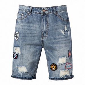 Été Hommes Shorts Badge Broderie Bleu Clair Slim Fit Denim Shorts Hommes Fi Tendance Skinny Jeans Hommes Plage Denim Hommes m6Kt #