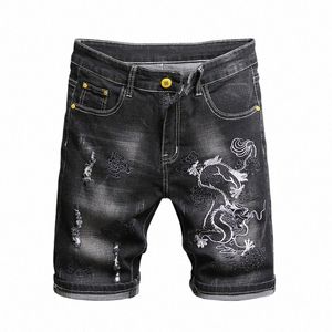 Été hommes mince Stretch jean court chinois glisser motif de broderie Denim Shorts noir gris déchiré Fi Shorts mâle T59c #