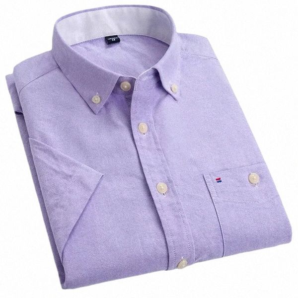 Été hommes mince à manches courtes confortable violet blanc Oxford chemise décontracté Vintage coupe Standard bout à bout Cott hommes chemises X2D9 #