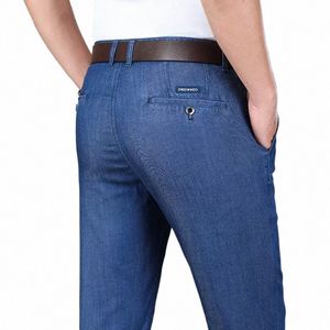 Zomer heren dunne rechte jeans busin fi stretch zacht katoen losse denim broek mannelijk merk lichtgrijs donkergrijs blauw g9bi #