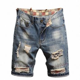 Verano de los hombres rasgados arruinados diseño del agujero de mezclilla pantalones vaqueros cortos flojos rectos capris casual mendigo diseño hip hop más tamaño pantalones cortos c71f #