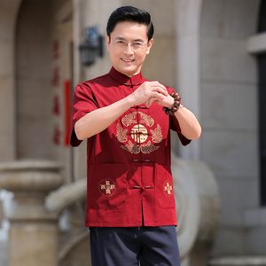 Survêtements d'été pour hommes vêtements ethniques ensembles de costumes Tang traditionnels brodés usure orientale rétro à manches courtes Costume de père de Style chinois