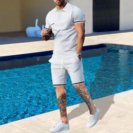 Zomer mannen Trainingspakken Heren Revers Kraag Effen Kleur Casual Korte Mouwen Polo Shirt Trekkoord Sport Vijf Punts broek Tweedelige Set