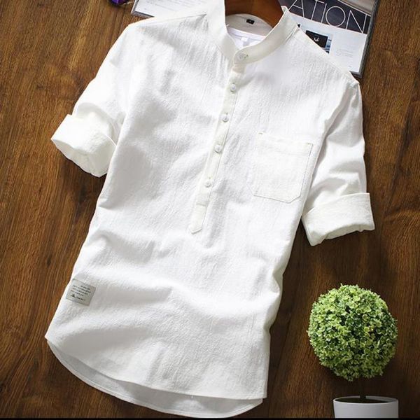 Camisa de blusa de lino con cuello mandarín de manga 3/4 blanca, negra y gris para hombre de verano, camisas informales ajustadas S 3XL blusas para hombres