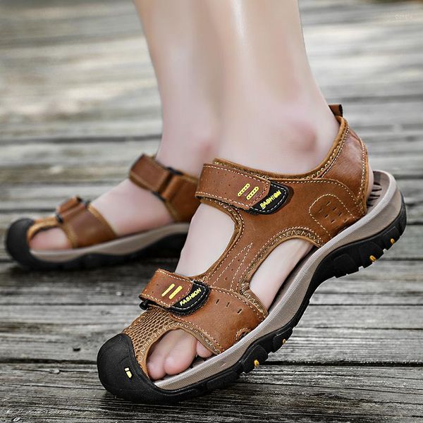 Sandalias de verano para hombre, protector de dedos, suela gruesa de cuero, zapatos de senderismo antideslizantes, viaje para uso diario, talla grande 428