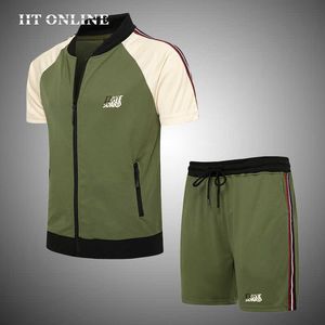 Été hommes ensembles décontracté jogger vêtements de sport à manches courtes t-shirts + shorts 2 pièces hommes patchwork survêtement costume de haute qualité 210603