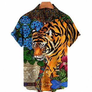 Été Hommes Chemise Hawaïenne Drag Tiger Animal Social Surdimensionné Tropical Manches Courtes Casual Floral Respirant Y2k Vêtements Slim 17EF #