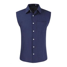 Camisa masculina de verão, cor sólida, botões, gola aberta, sem mangas, camisas de lapela, casual, tamanho grande para namoro, 290m