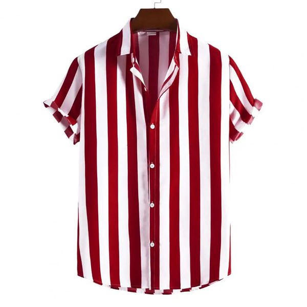 Chemise d'été pour hommes, chemises à rayures, boutons hawaïens, manches courtes, haut rouge à carreaux, vêtements de plage, chemise noire et blanche pour vêtements pour hommes 240117