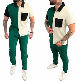 Été hommes costume à manches courtes fi couleur bloquée vêtements de sport chemise à manches courtes pantalon deux pièces mensuit S-XXXL k9HO #