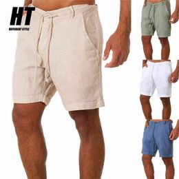 Été Hommes Shorts Lin Respirant Coton Sport Mince Léger Cordon Solide Lâche Plage Pantalon Court 210714