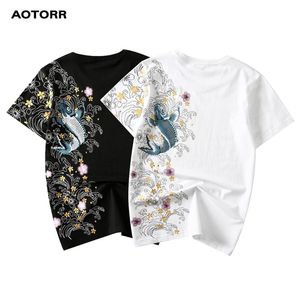 Verano hombres camiseta Koi bordado nuevo estilo chino o-cuello camisetas de algodón manga corta streetwear moda casual camiseta T200224