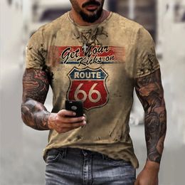 Zomermannen T Shirts Vintage Short Sleeve America Route 66 Letter 3D Gedrukte mode O nek T -shirts Oversized Top Man Tees Doek 240419
