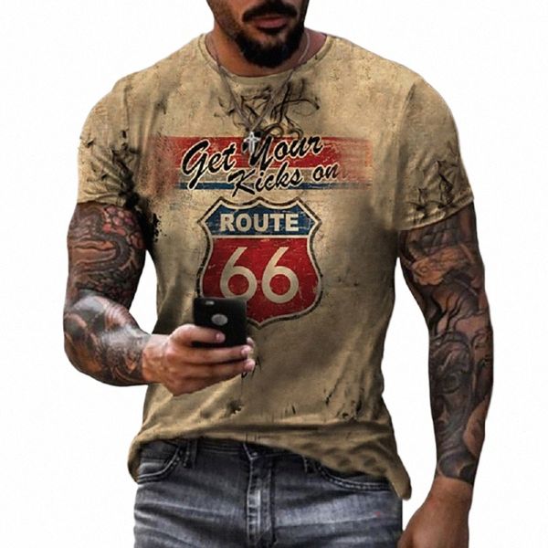 Hommes d'été T-shirts Vintage manches courtes Amérique Route 66 Lettre 3D imprimé Fi O cou T-shirts surdimensionné Top Man Tees tissu u9xO #