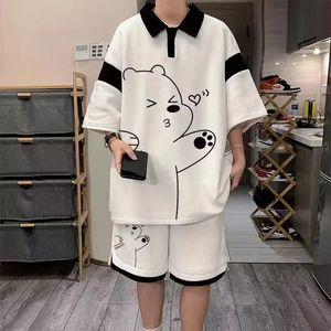 Summer Men Track Sitruit Japan Cartoon Streetwear Cool Bear Waffle Waffle Shirts Shorts 2 piezas Set Hip Hop Casual Traje corto 2024 240416