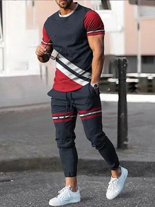 Summer Men Tracksuit Set Casual Tshirts pantalon 2 pièces à rayures 3D Fashion imprimée surdimensionnée surdimension