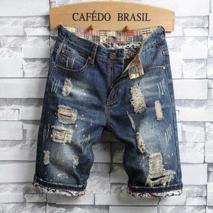 Été Hommes Vintage Ripped Jeans Courts Streetwear Trou Slim Denim Shorts Mâle Marque Vêtements 210714