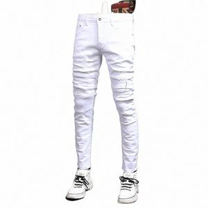 Été hommes blanc déchiré patchs Jeans hommes Fi Slim Fit pantalon droit Streetwear décontracté Cott mince Denim pantalon c3g8 #
