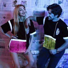 Men d'été Femmes colorées LED Luminous High Street T-shirt Y2K Fibre Optical Fibre Patchwork Night Club Couper à manches courtes 240425