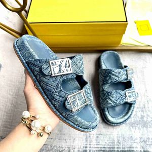 Été Hommes Femmes Sandales Designer Chaussures Double Boucle Plate-Forme Diapositives De Luxe Strass Denim Véritable Cuir Plage Sliders Casual Sandale Taille 35-45