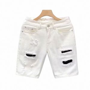 Hombres de verano desgastados pantalones cortos de mezclilla con agujeros marca Fi pantalones cortos rectos sueltos blancos G0a6 #