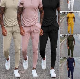 Été Men039s Survêtements Revers Col Zipper T-shirts T-shirts Tops Pantalons Costumes Hommes Vêtements Coton Mélange 2 Pièces Ensemble Hommes Court Spo9182013