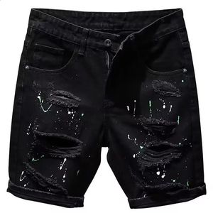 Summer Mens Black Denim Shorts Fashion Washable Elastic Slim Fit Five Five Point Middle Jeans Shorts 240329