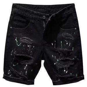 Summer Mens Black Denim Shorts Fashion Elastic Slim Fit Five Point Middle Jeans Shorts 240409