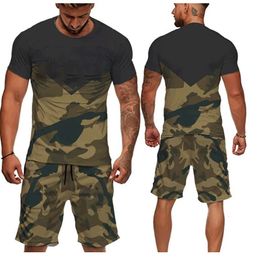 Summer Mens Casual 2pcs Set Camouflage Army Green Greft Sleeve T-shirt Loose Tactical Tees Shorts Pants Tracksuit 240516