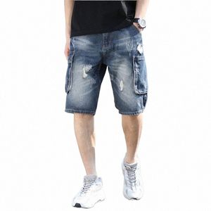 Zomer Heren Casual Denim Shorts Fi Multi-pocket Effen Kleur Lichtblauw Cargo bermuda Gescheurde Jeans Shorts Grote Maat 28-42 A5yh#