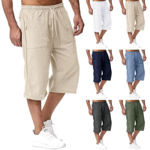 Summer Homme Casual Shorts Coton Mélangeur Longue taille élastique Pocket Pocket DrawString 34 Longueur Daily Street Wear 240428