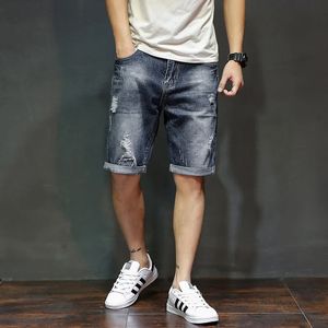 Summer Mens Denim Shorts Fashion Slim Fit Elastic Cotton Blue Wash Ripped Jeans Male Brand Vêtements 240426