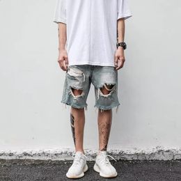 Zomerheren denim shorts gescheurd Tassel streetwear bedelaarbroek knie lengte jeans Harlan hipster mannen kort 240415