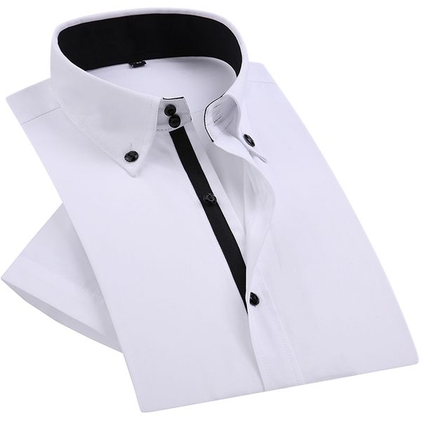 Été Hommes Robe Chemise Diamant Boutons Casual Blanc Manches Courtes Luxe Col Haut Slim Fit Élégant Business 210721