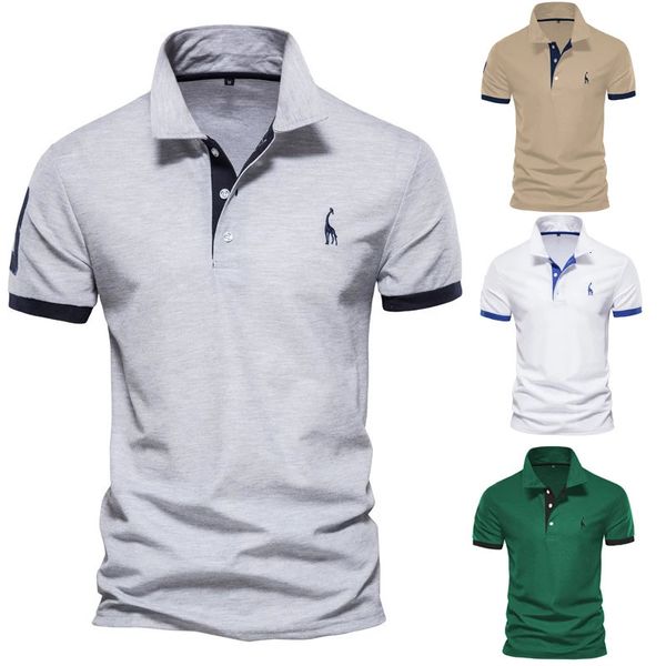 Verano para hombre Fawn bordado liso liso polo camisa de negocios casual manga corta botón de solapa camiseta para hombre 240329