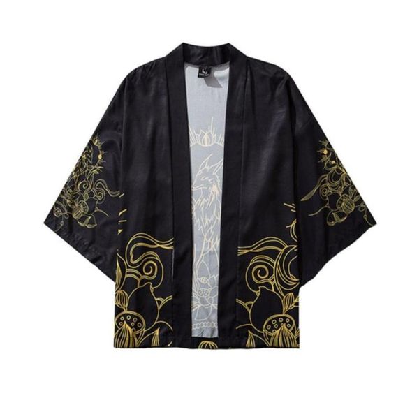 Camisa tipo kimono de verano para hombre, cárdigan tipo kimono japonés de talla grande, patrones de punto abierto, estampado de dragón y pez, ropa superior para hombre Harajuku 9163341