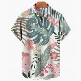 Summer Mens Hojas Elegantes Sociales Florales Hawaiian Casta corta Camisa informal de gran tamaño Estilo de vacaciones Harajuku Camisa 240529