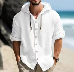 Chemise en lin pour hommes d'été solide Streetwear à manches longues à capuche Cardigan vêtements pour hommes hauts décontracté bouton lâche homme chemises 240312