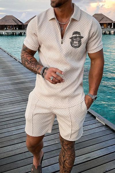 Summer Mens Luxury Polo Shorts Suit Fashion Trend Tracksuit 2 pièces Vintage Tiger Print Tengit Set Male Casual Clothing 240402