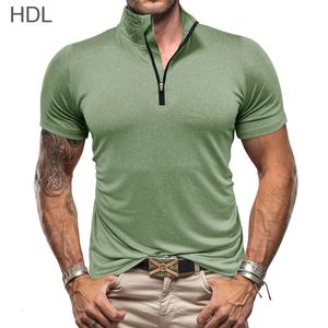 Summer Mens Outdoor Sports and Fitness Fitness Ziptered Shirt with Stand Up Collar High Elasticity Séchage rapide T-shirt à manches courtes pour hommes