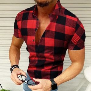 Été hommes Polo col grand Plaid Simple à manches courtes chemise coupe ajustée mode décontracté multicolore chemises pour hommes 240328