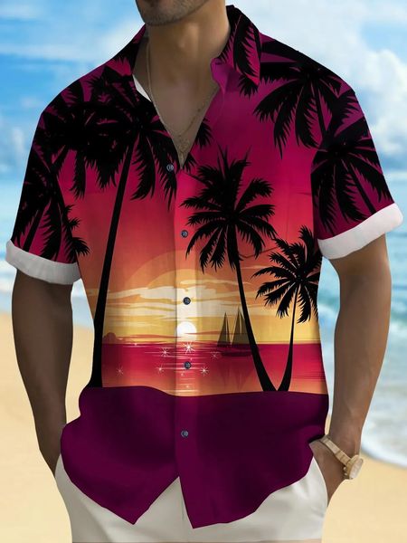 Summer Mens Resort Hawaiian 3D Camisa impresa botón Up de manga corta Tops Fashion Beach Vacation Daily Wear Wishs 240415