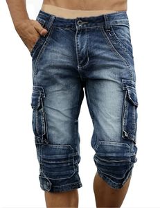Summer Mens Retro Cargo Denim Shorts Vintage Acid lavé Faded Multi-poches Biker de style militaire Jeans courts pour hommes 240412