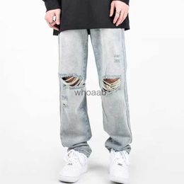 Summer Homme Ripped Jeans Blue Loose Fit Hole Wide-leg Pantalon Casual Fashion Streetwear Streetwear High Quality Denim Man Clothing HKD230812