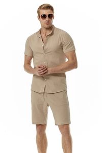 Été pour hommes en lin coton Henry Neck Beach décontracté à manches courtes solides Shorts 240409